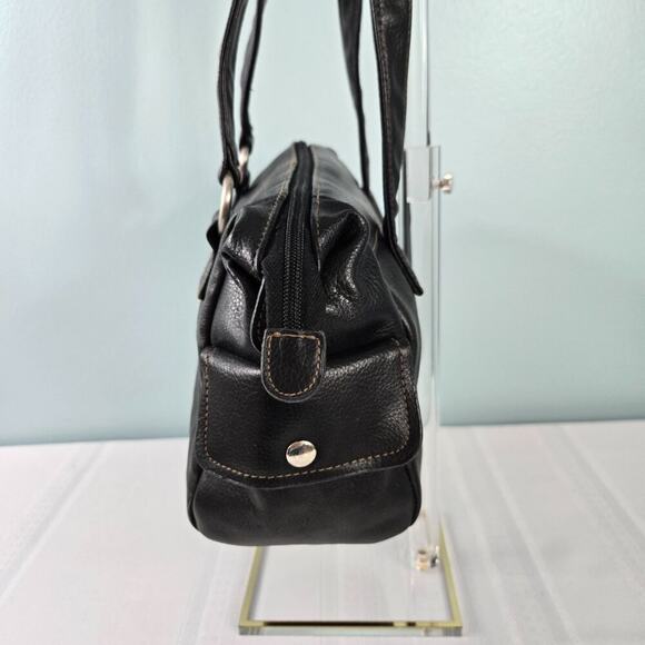 Black Leather Pebble Grain Double Shoulder Strap Purse with Zipper Closure - Picture 6 of 14